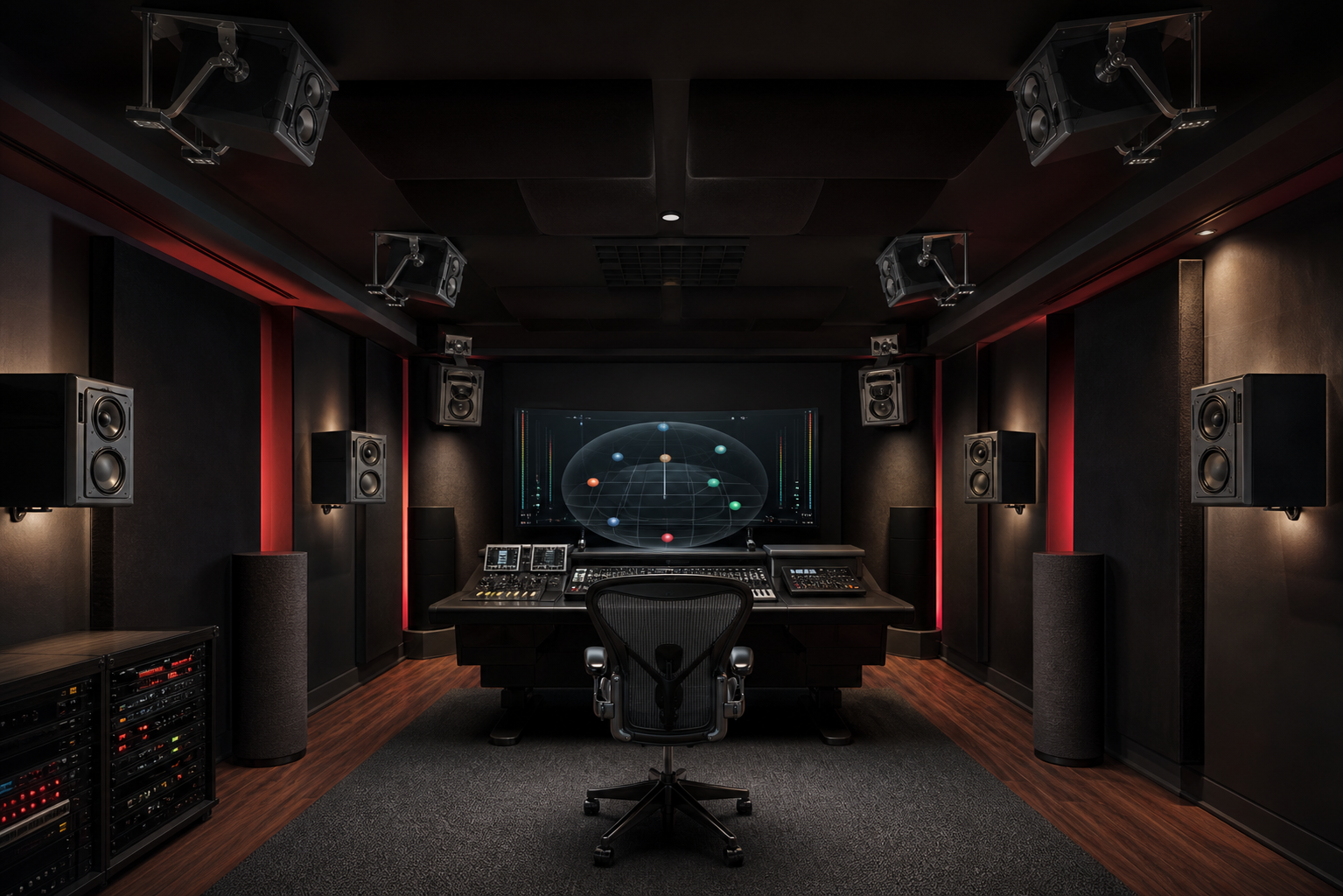 Calibration d'un mastering immersif Dolby Atmos dans une pièce équipée de plusieurs enceintes